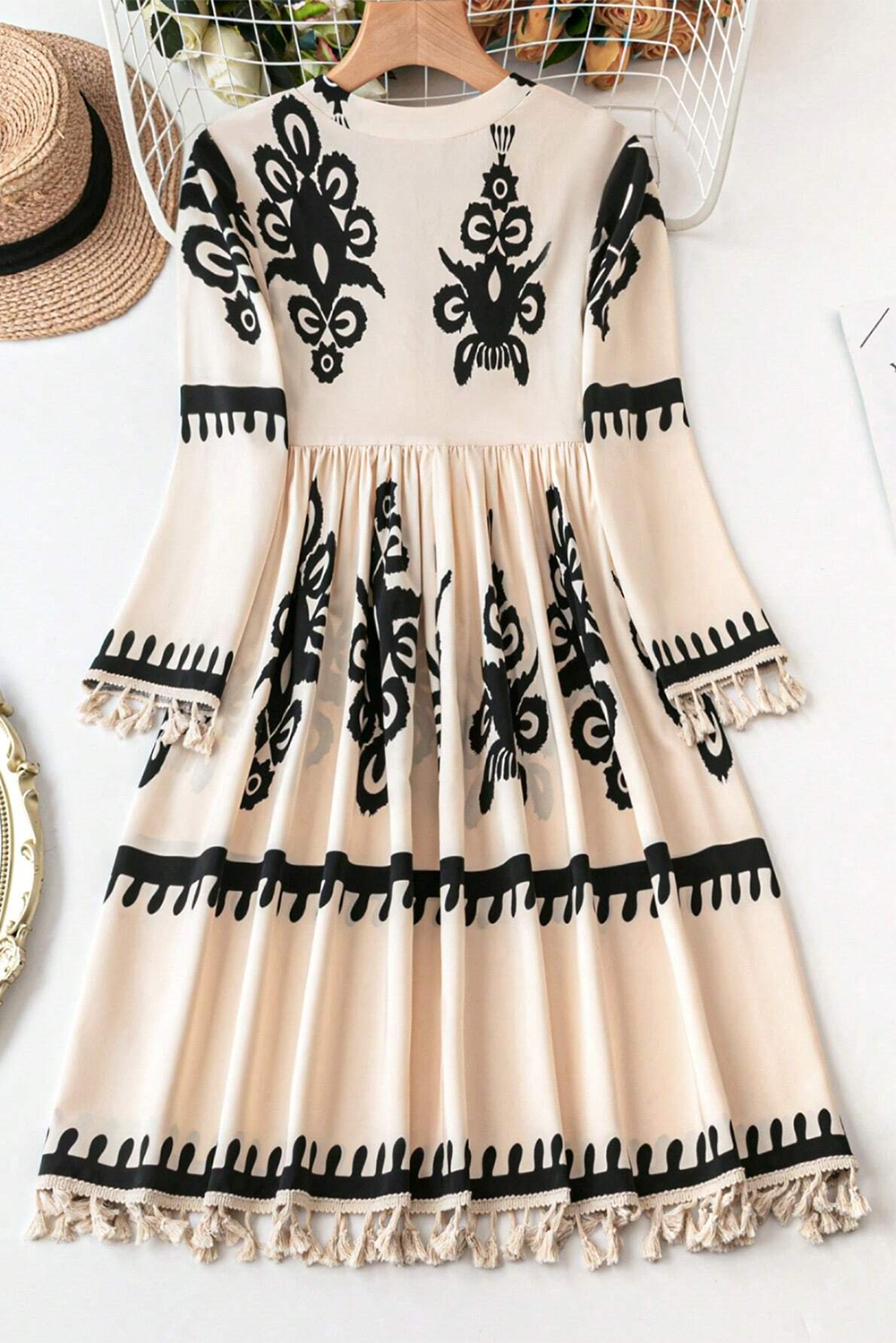 Western Pattern Tasseled Notch Mini Dress