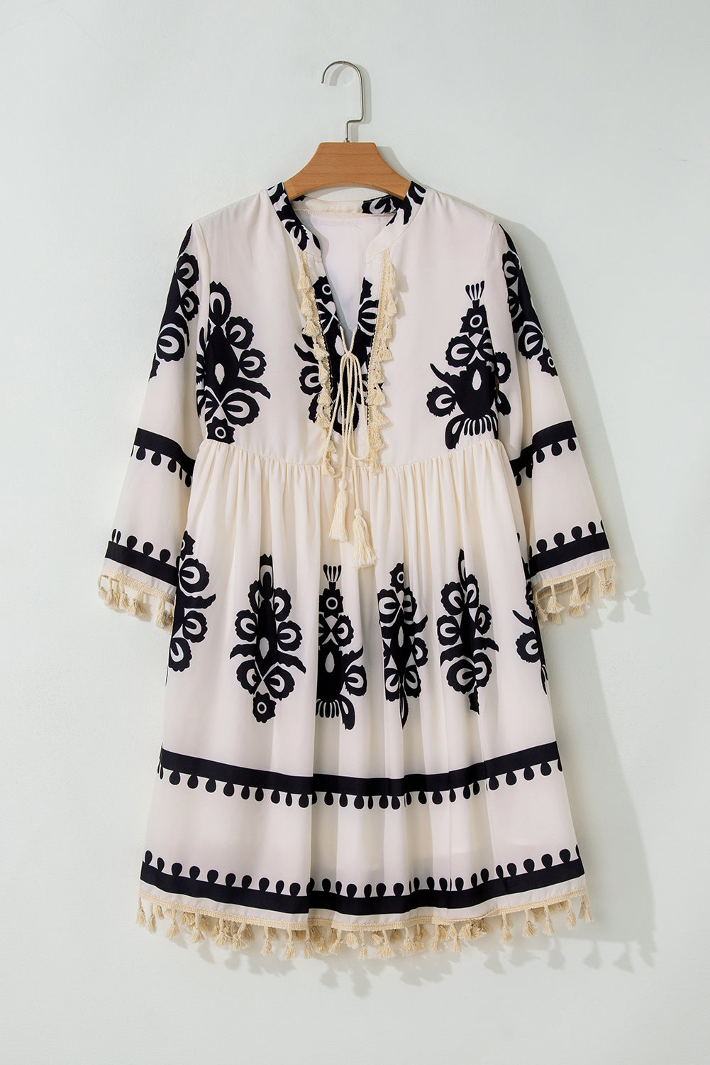 Western Pattern Tasseled Notch Mini Dress