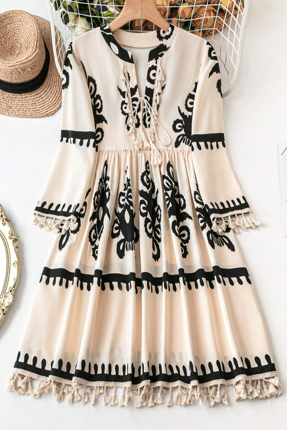 Western Pattern Tasseled Notch Mini Dress