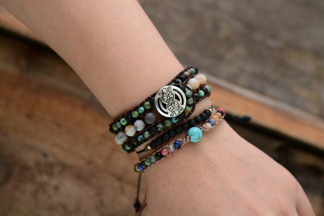 Boho Cuff Bracelets Natural Stones Lava Beads