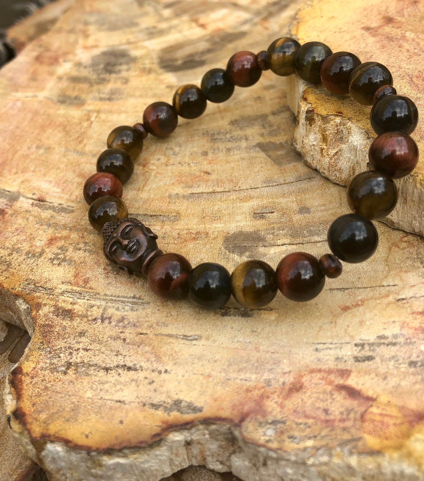 Multi Tiger Eye & Buddha Gemstone Stretch Bracelet!