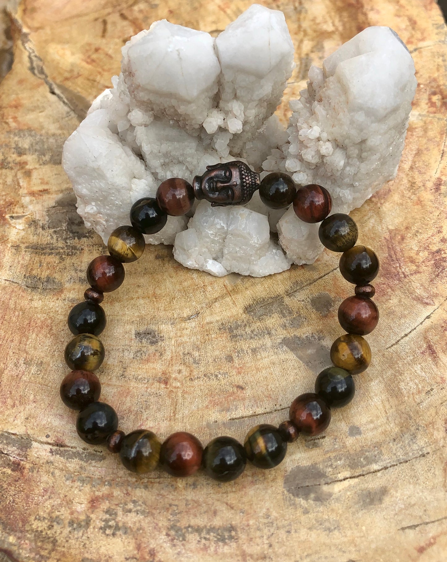 Multi Tiger Eye & Buddha Gemstone Stretch Bracelet!