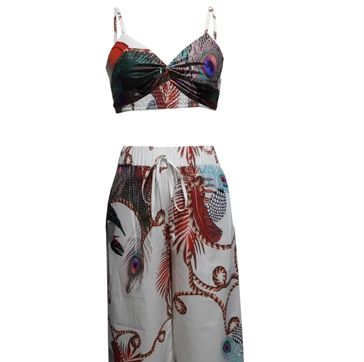 Women's Feather Printed Black Vacation Sexy Strap Pants Set