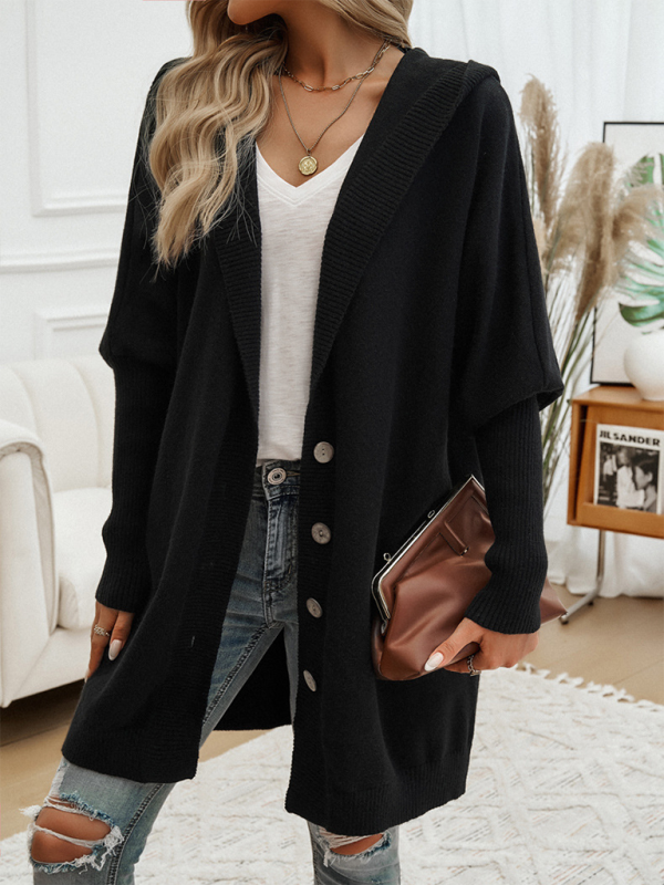 Hooded Oversized Knit Cardigan with Button Closure