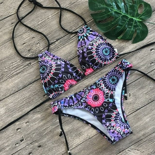 Two Piece Bikini Push Up Geometric Print Lace-up Thong Biikini Swim